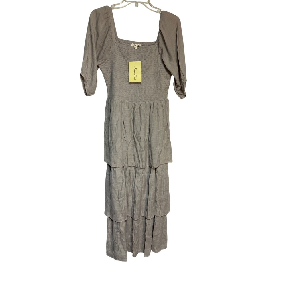 Kings Road Womens‎ Smocked Tiered Midi Dress Taupe Grey Puff Sleeve Size L NWT